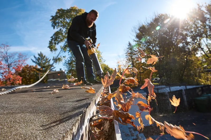 Professional gutter cleaning clearing leaves and debris